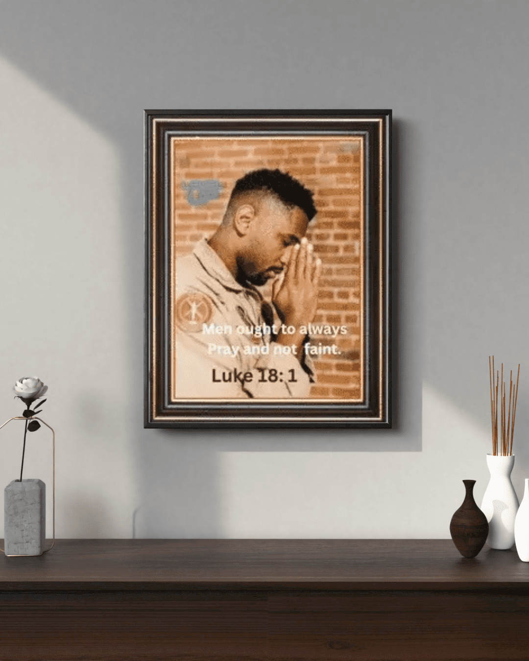 Luke 18:1 scripture wall art hanging in a cozy living room, Christian home decor reminding to always pray and not give up, elegant Bible verse print for inspiration.