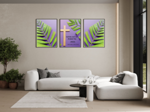 Call Me Jeremiah Christian wall art trio featuring a scripture message and botanical leaf panels displayed in a living room mockup