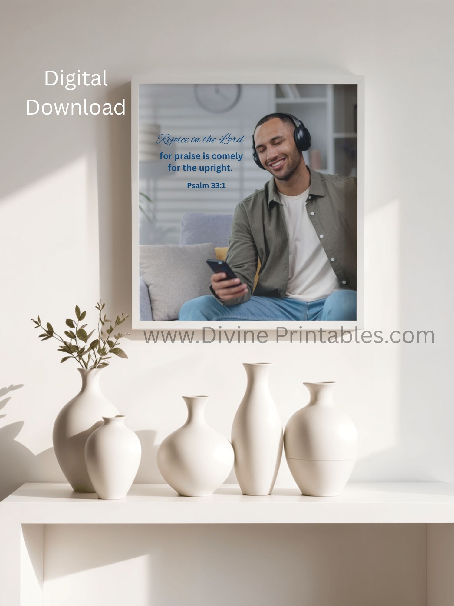 Rejoice Christian wall art printable featuring a joyful man relaxing with headphones, celebrating peace, gratitude, and the joy found in God’s presence.
