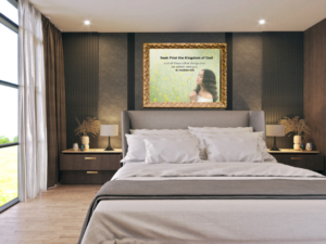 Heavenly Kingdom wall art printable featuring Matthew 6:33 scripture artwork displayed in a framed bedroom mockup