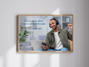 Rejoice Christian wall art printable featuring a joyful man relaxing with headphones, celebrating peace, gratitude, and the joy found in God’s presence.