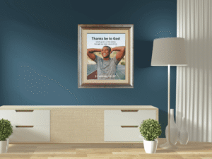 Gratitude Christian wall art mockup displayed in a beautiful home setting featuring faith-inspired decor.