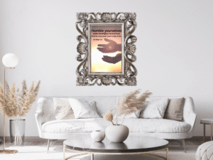 Humility Christian wall art mockup displayed in a peaceful home setting featuring Jesus nail print artwork and faith -inspired decor.