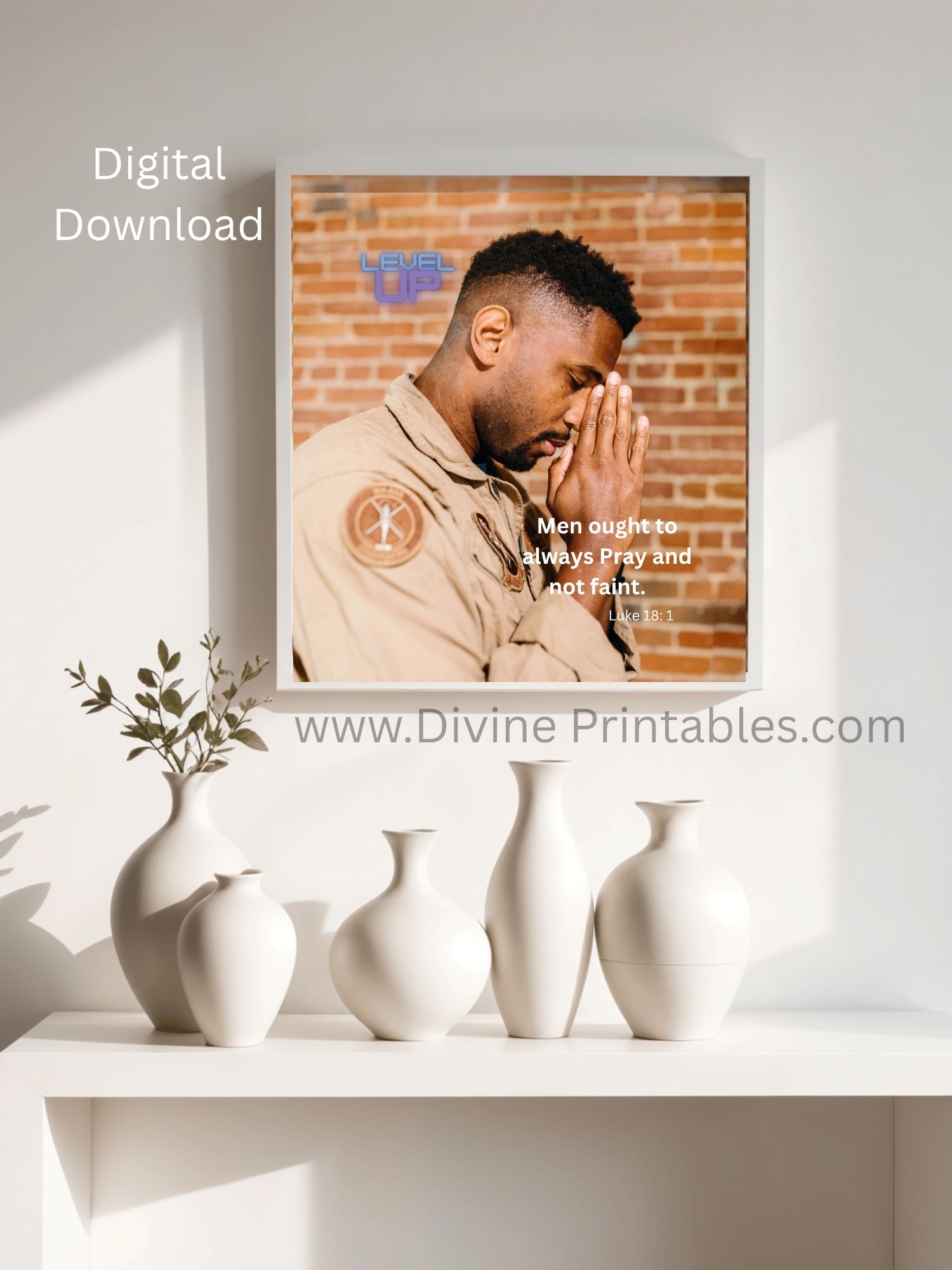 Always Pray Christian Wall Art Printable Framed Mockup Always Pray Christian wall art printable displayed in a framed wall mockup with decorative vases, featuring Luke 18:1 Bible verse artwork about persistence in prayer and faith.