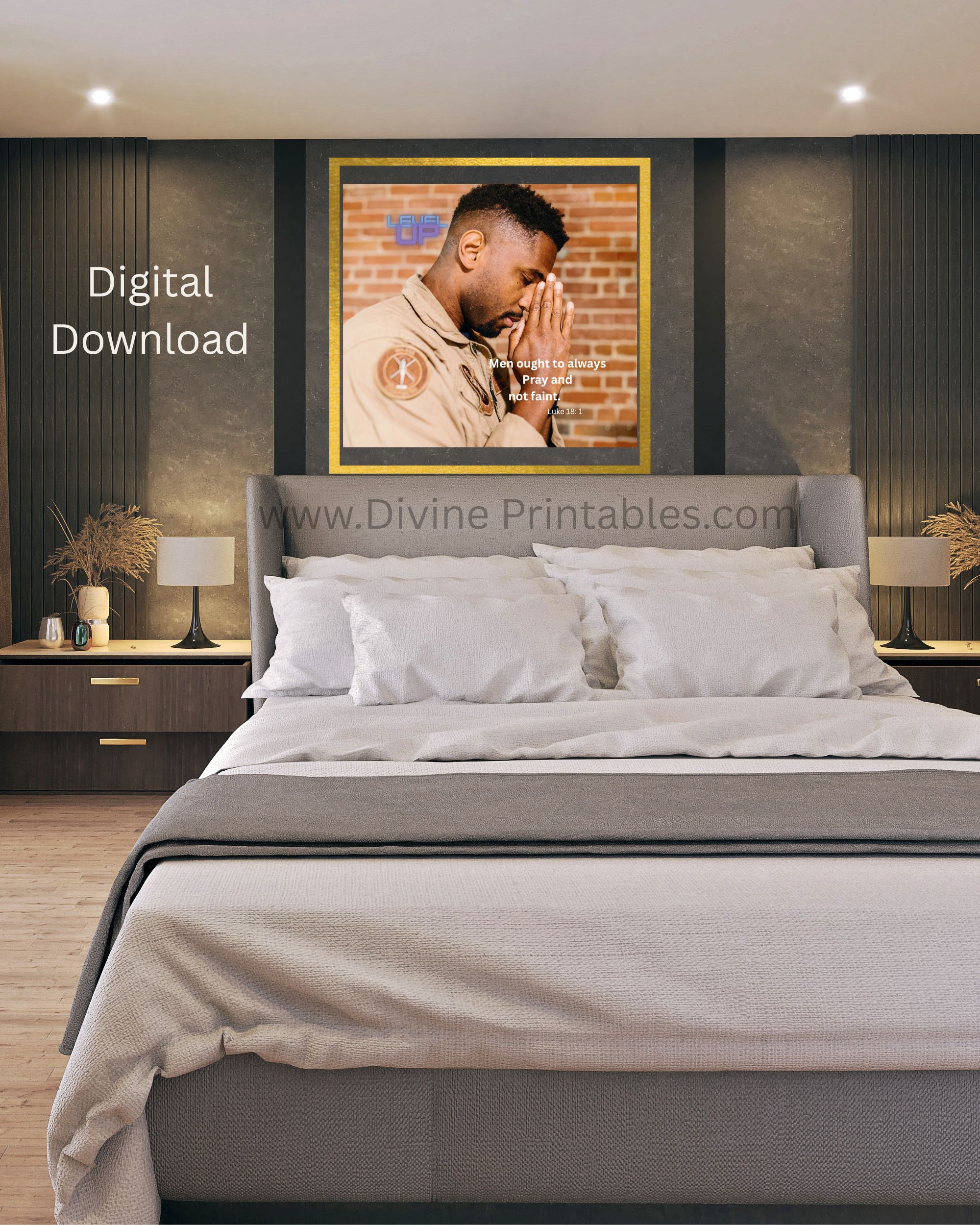 Always Pray Christian Wall Art Printable Bedroom Mockup Always Pray Christian wall art printable displayed in a peaceful bedroom setting, featuring Luke 18:1 Scripture artwork that encourages persistence, faith, and connection with God.