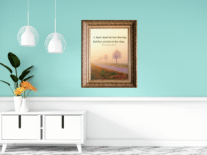 Guided Steps Christian wall art printable featuring Proverbs 16:9 scripture with peaceful road landscape and warm autumn-inspired design
