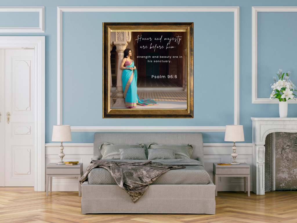 Honor & Majesty Gallery Mockup | Elegant Christian Wall Art Printable Honor & Majesty Christian wall art printable displayed in an elegant spacious bedroom mockup with a powder blue wall and white trim