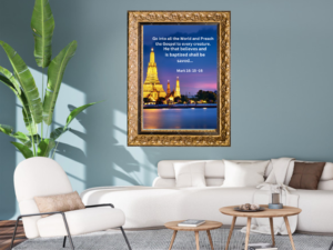Kingdom Commission Christian Scripture Wall Art inspired by Matthew 28:19-20 featuring a blue and gold cityscape representing the Great Commission