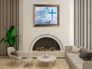 Life Eternal Christian wall art printable featuring John 11:25 Bible verse with a heavenly sky and cross design