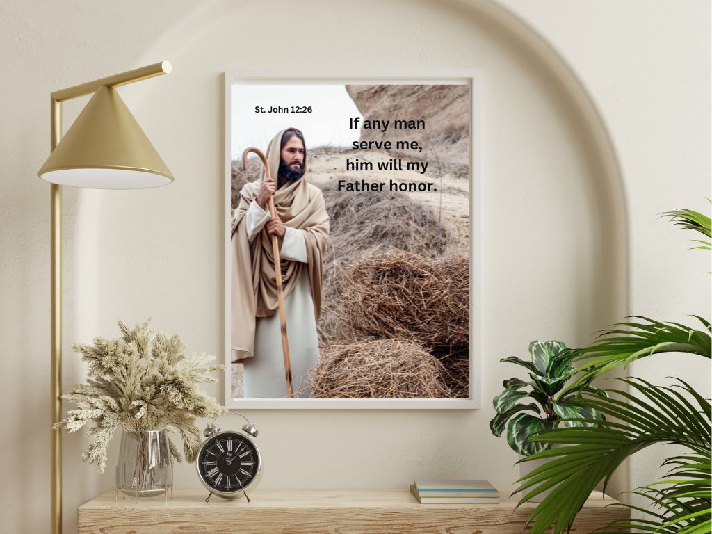 The Journey of Faith Duo John 12 Scripture Art The Journey of Faith Duo artwork featuring John 12:26 with a biblical figure walking with a staff