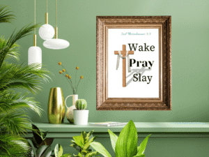The Lord Is Faithful Christian wall art printable featuring a wooden cross and Wake Pray Slay message