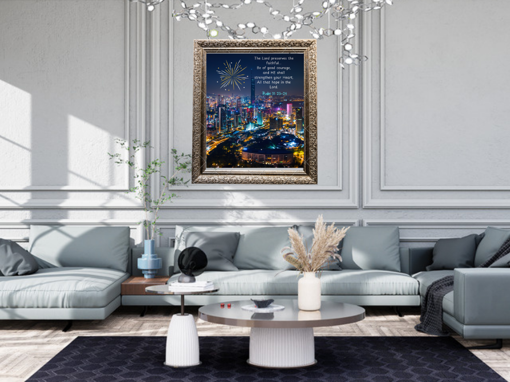 Night Strength Vertical New Year Wall Art Vertical Night Strength wall art featuring a glowing city skyline beneath a deep blue night sky