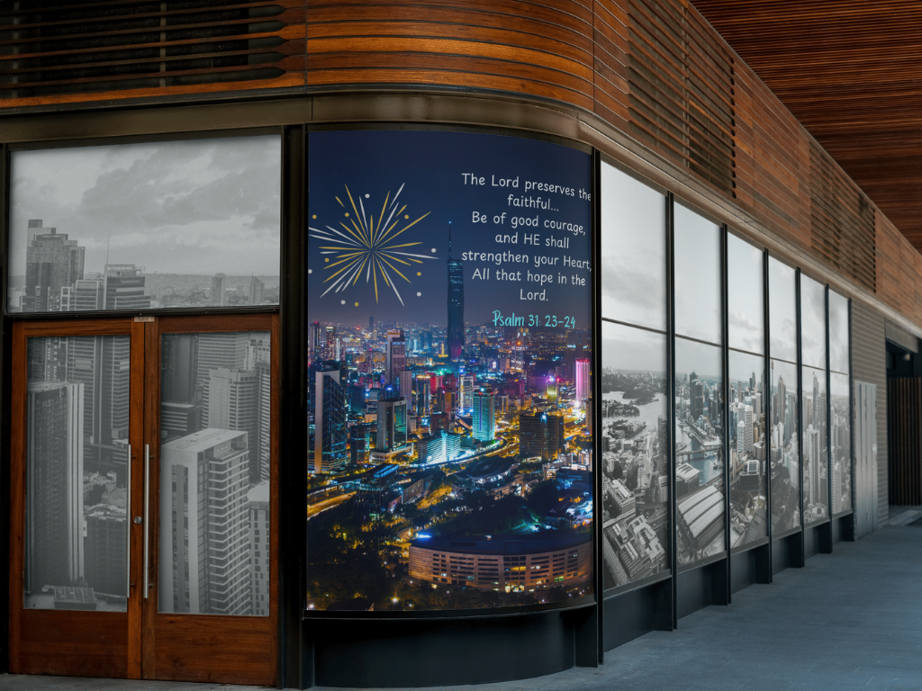 Night Strength Vertical New Year Wall Art Vertical Night Strength wall art featuring a glowing city skyline beneath a deep blue night sky