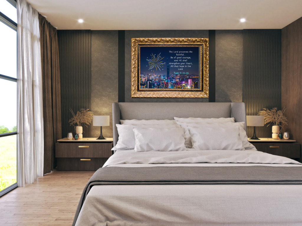 Night Strength New Year Wall Art Night Strength New Year wall art featuring an illuminated cityscape beneath a midnight-blue sky