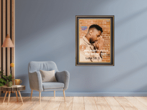 Always Pray Christian wall art printable displayed in a peaceful gray living room mockup featuring Luke 18:1 Scripture artwork, inspiring persistence in prayer and faith.