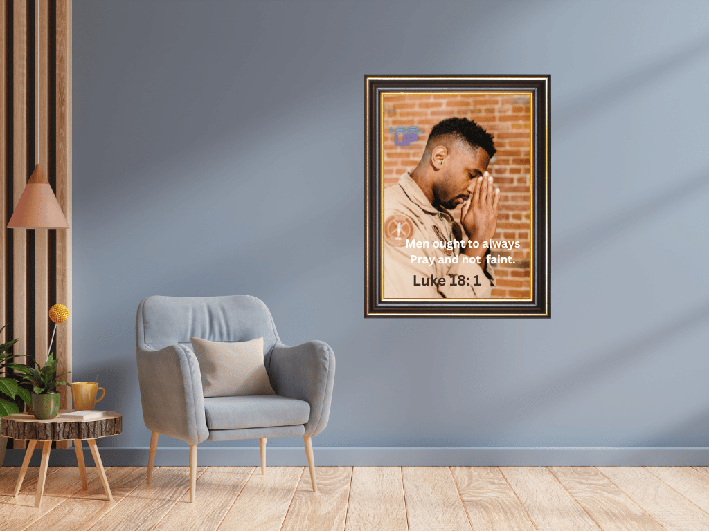 Always Pray Christian Wall Art Printable Livingroom Mockup Always Pray Christian wall art printable displayed in a peaceful gray living room mockup featuring Luke 18:1 Scripture artwork, inspiring persistence in prayer and faith.