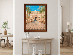Christian wall art printable displayed in a peaceful bedroom featuring John 14:2 Bible verse Mansions design