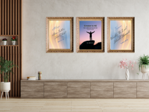 Always & Forever Combo Christian wall art printable trio mockup featuring coordinating Scripture artwork in a modern home setting